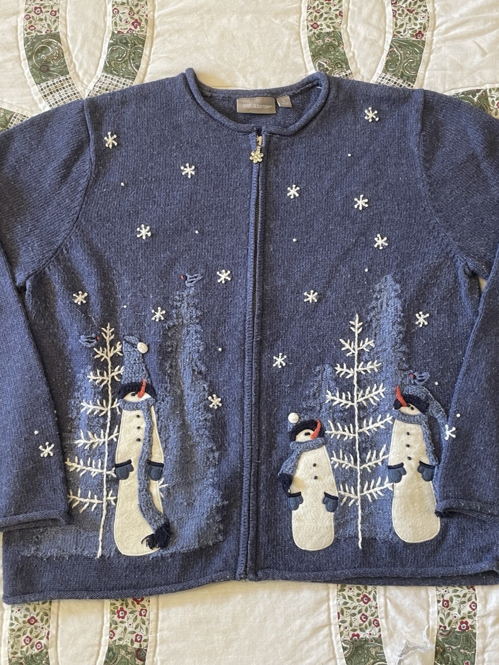 Vintage 90s/Y2K Croft & Barrow Blue Winter Snowflake Snowman Zipper Sweater Blue